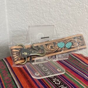 Myra Bag Tan Leather keychain with Turquoise Accents